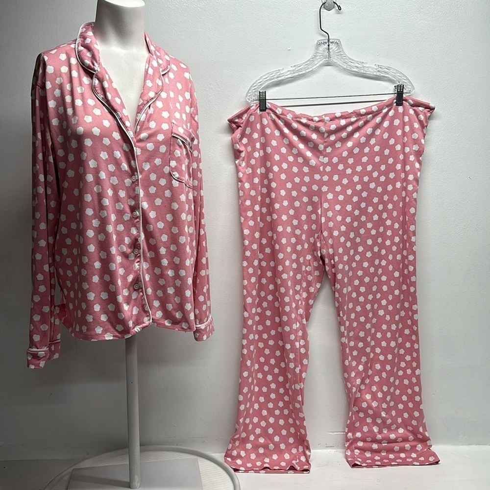 Kate Spade Pajama Set 2 Piece Long Sleeve Button Down Shirt Pants Pink Large